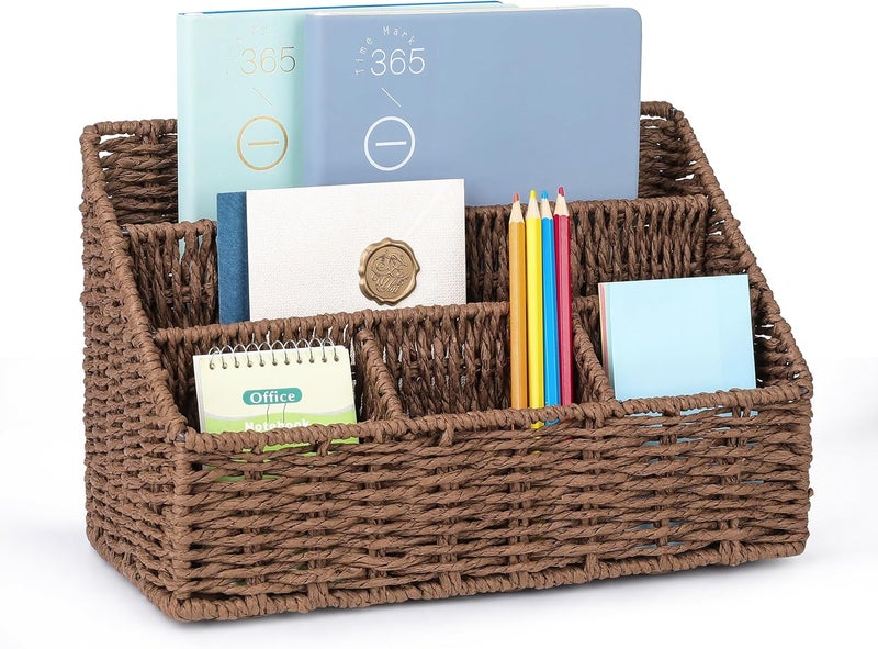 DINGTAI Rattan Desk Organizer, Tabletop Mail Holder, 5 Slot Mail Organizer Countertop Basket, Rattan Office Supplies, Boho Office Desk Accessories, Wicker Desk Organizer, Magazine Holder（Brown） - Image 1